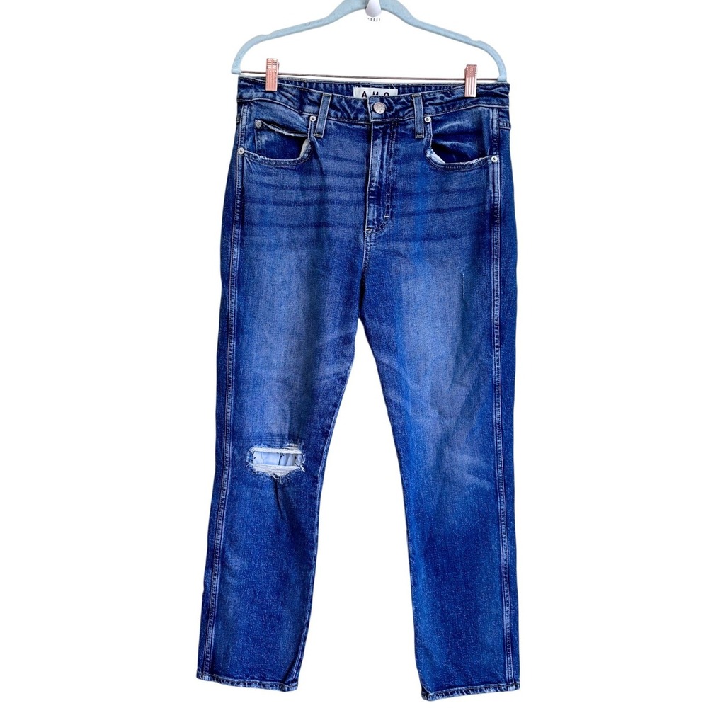 AMO Womens Chelsea Crop Straight Leg Jeans 32 Blue Distressed High Rise Denim